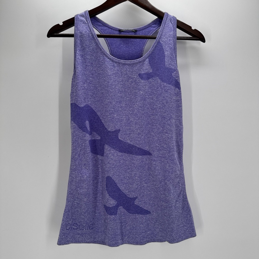 Oiselle Women's L Purple Flyte Running Tank Top Racerback Athletic Bird Print